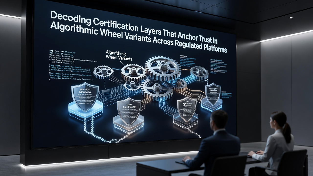 Diagram van gelaagde certificering voor algoritmische wielen met focus op reguliere audits en platformintegratie