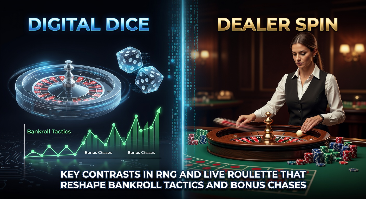Vergelijking van een digitaal RNG-roulettewiel en een live dealer die het wiel draait, met grafieken over bankroll en bonussen op de achtergrond