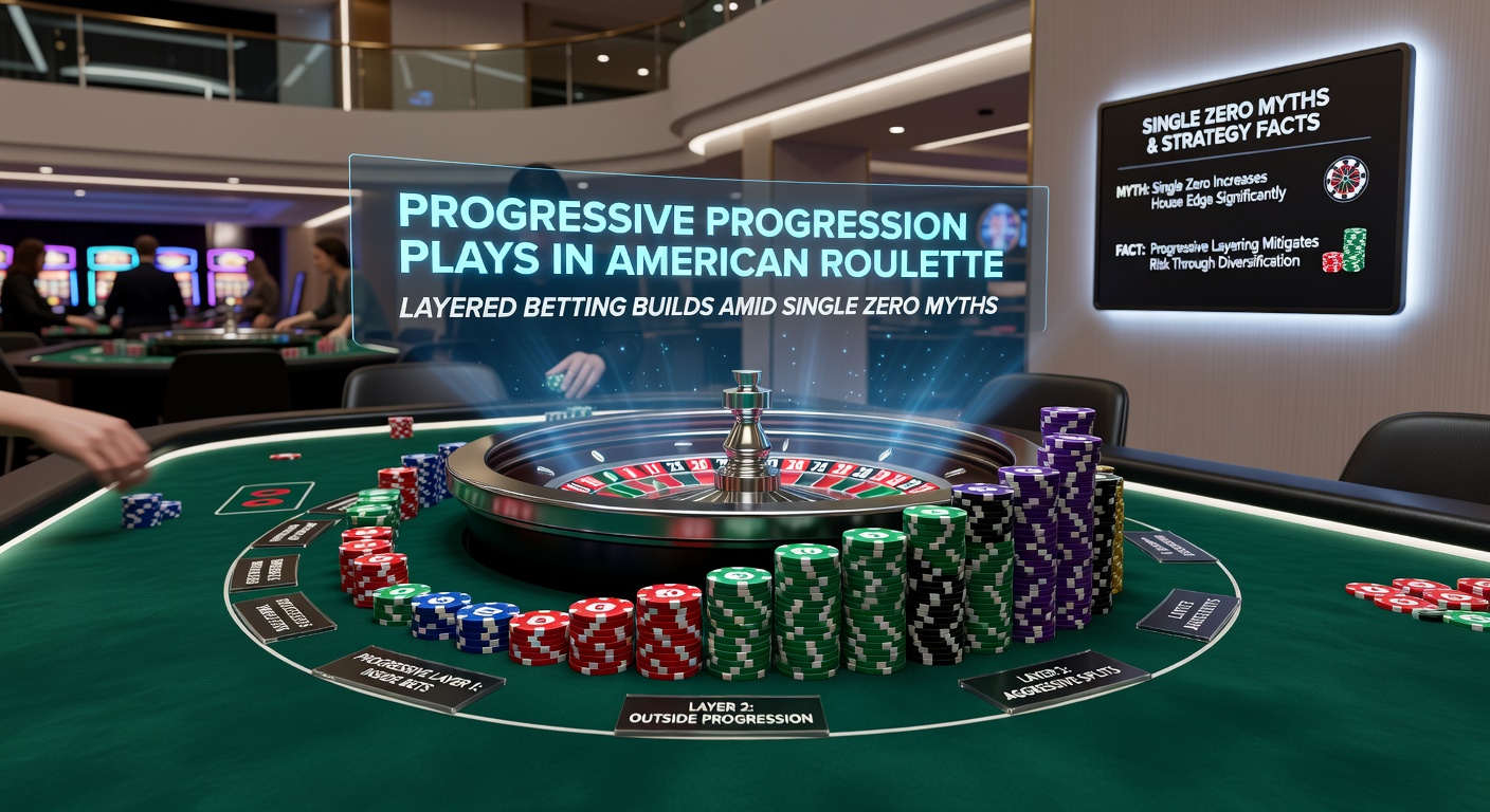 Gelaagde progressieve inzetten op Amerikaans roulette wiel, met mobiele bonus overlays en single zero vergelijkingsgrafiek