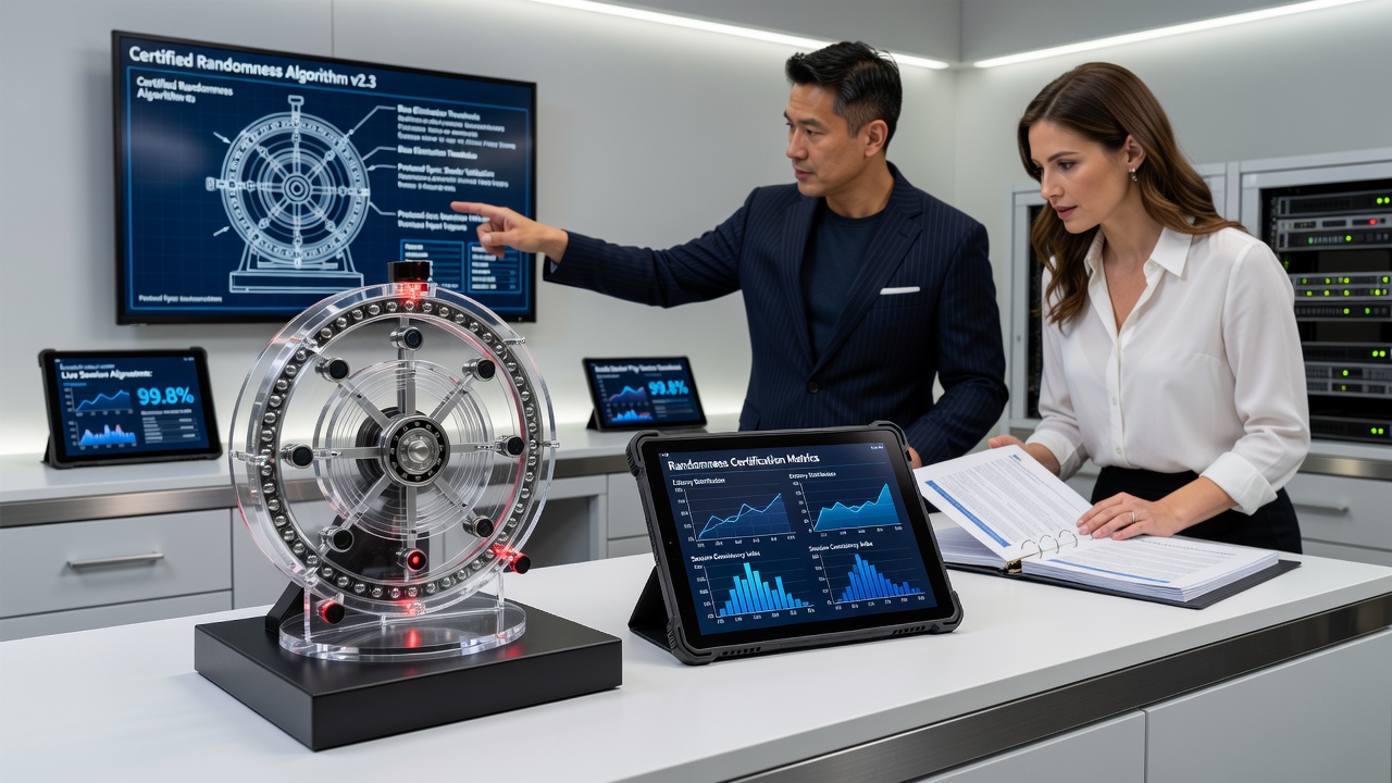 Mechanisme van randomheidscertificering in draagbare wielspellen met studio-integratie