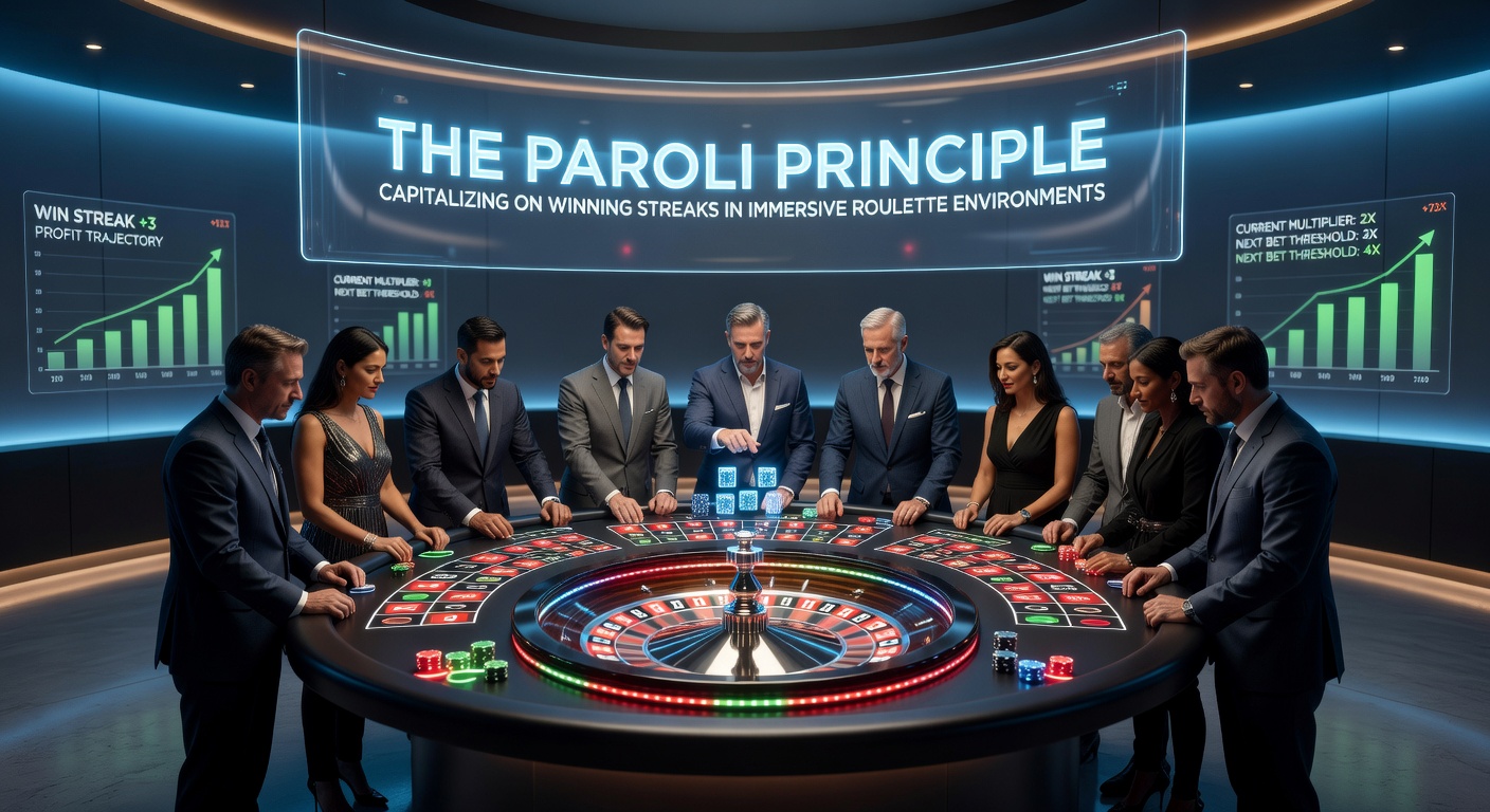 Grafiek met Paroli-progressie in een immersive roulette-streak, toon verdubbelde inzetten en uitbetalingen naast een live wiel-shot