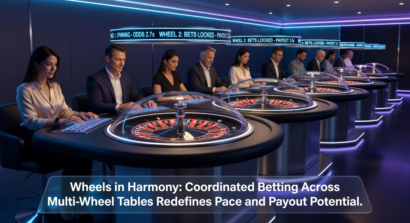 Meerdere roulettewielen draaien synchroon tijdens een live sessie, met spelers die inzetten coördineren over tafels heen voor optimale strategieën