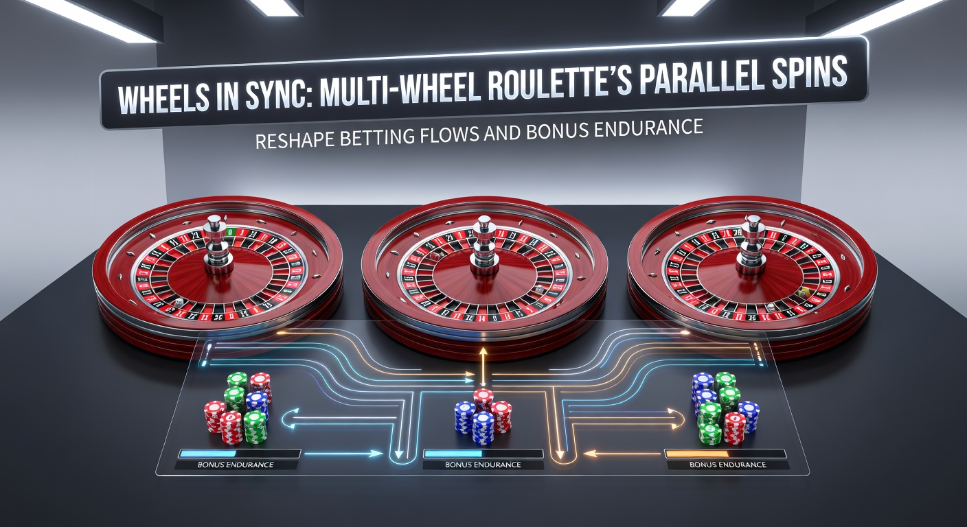 Grafiek van inzetverdelingen in multi-wheel roulette, met pieken bij parallelle winsten en bankroll-curves over sessies