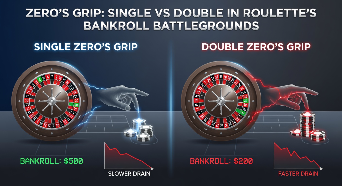 Grafiek met bankroll-curves voor single zero versus double zero roulette, illustrerend dalingspercentages over 1000 spins bij verschillende inzetniveaus